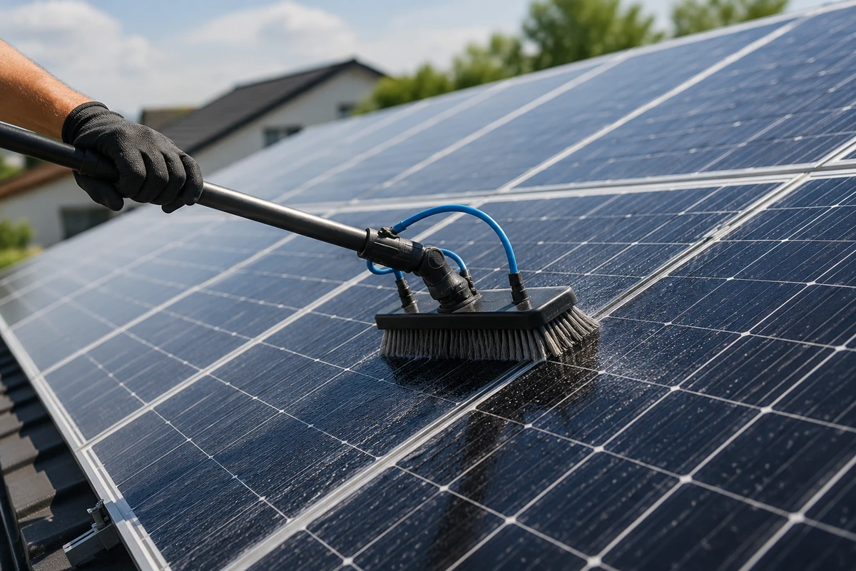 Professionelle Bürste bei der Reinigung von Solarmodulen